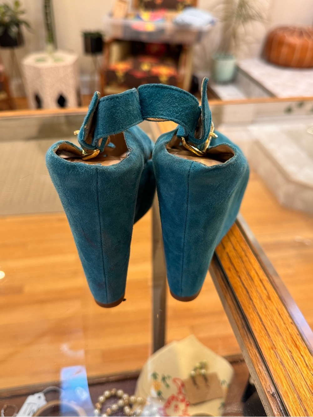 Dolce Vita Teal Suede Crisscross Wedge Sandals - Picture 3 of 4